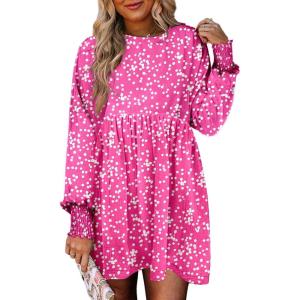imageDokotoo Casual Dresses for Women Flowy Boho Floral Long Sleeve Empire Waist Babydoll Mini DressPink