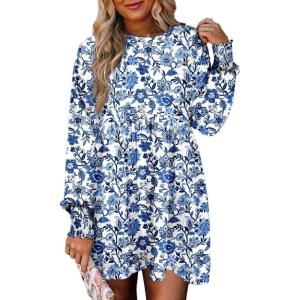 imageDokotoo Casual Dresses for Women Flowy Boho Floral Long Sleeve Empire Waist Babydoll Mini DressSky Blue