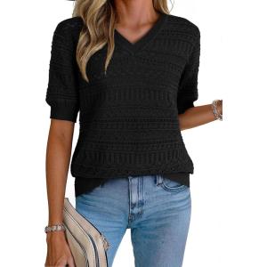 imageDokotoo Womens Casual Short Sleeve Loose Tunic Tops Lightweight Knit Spring Summer Pullover Sweater BlousesBlack