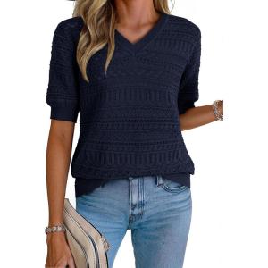 imageDokotoo Womens Casual Short Sleeve Loose Tunic Tops Lightweight Knit Spring Summer Pullover Sweater BlousesDirty Blue