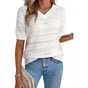 imageDokotoo Womens Casual Short Sleeve Loose Tunic Tops Lightweight Knit Spring Summer Pullover Sweater BlousesWhite