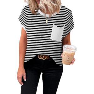 imageDokotoo Womens Casual Short Sleeve Loose Tunic Tops Lightweight Knit Spring Pullover Sweater BlousesBlack Stripe