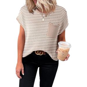 imageDokotoo Womens Casual Short Sleeve Loose Tunic Tops Lightweight Knit Spring Pullover Sweater BlousesKhaki Stripe