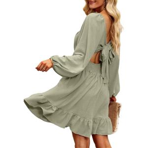 imageDokotoo Womens Dress Long Lantern Sleeve Square Neck Tie Backless Sexy Dress Ruffle Elastic Waist ALine Mini Dress1aa Grey