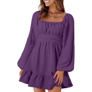 imageDokotoo Womens Dress Long Lantern Sleeve Square Neck Tie Backless Sexy Dress Ruffle Elastic Waist ALine Mini DressDark Purple