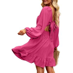 imageDokotoo Womens Dress Long Lantern Sleeve Square Neck Tie Backless Sexy Dress Ruffle Elastic Waist ALine Mini DressHot Pink