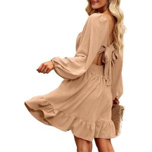imageDokotoo Womens Dress Long Lantern Sleeve Square Neck Tie Backless Sexy Dress Ruffle Elastic Waist ALine Mini DressKhaki