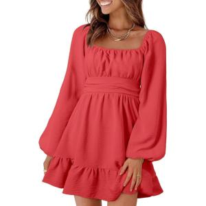 imageDokotoo Womens Dress Long Lantern Sleeve Square Neck Tie Backless Sexy Dress Ruffle Elastic Waist ALine Mini DressLight Pink