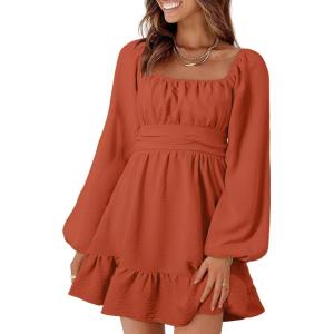 imageDokotoo Womens Dress Long Lantern Sleeve Square Neck Tie Backless Sexy Dress Ruffle Elastic Waist ALine Mini DressOrange
