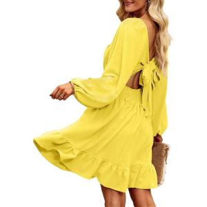 imageDokotoo Womens Dress Long Lantern Sleeve Square Neck Tie Backless Sexy Dress Ruffle Elastic Waist ALine Mini DressYellow
