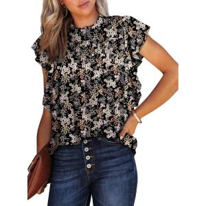 imageDokotoo Womens Summer Tops Casual Crewneck Floral Print Shirts Smocked Ruffle Short Sleeve Babydoll BlousesBlack