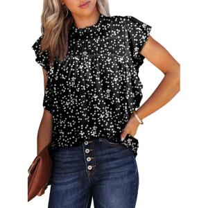 imageDokotoo Womens Summer Tops Casual Crewneck Floral Print Shirts Smocked Ruffle Short Sleeve Babydoll BlousesDark Black