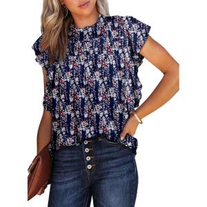 imageDokotoo Womens Summer Tops Casual Crewneck Floral Print Shirts Smocked Ruffle Short Sleeve Babydoll BlousesNavy Blue
