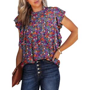 imageDokotoo Womens Summer Tops Casual Crewneck Floral Print Shirts Smocked Ruffle Short Sleeve Babydoll BlousesPurple