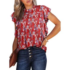 imageDokotoo Womens Summer Tops Casual Crewneck Floral Print Shirts Smocked Ruffle Short Sleeve Babydoll BlousesRed
