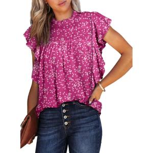 imageDokotoo Womens Summer Tops Casual Crewneck Floral Print Shirts Smocked Ruffle Short Sleeve Babydoll BlousesRose