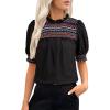 image:imageDokotoo Summer Tops for Women Casual Crewneck Puff Short Sleeve Boho Pleated Shirts Embroidered Blouses TunicBlack