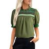 image:imageDokotoo Summer Tops for Women Casual Crewneck Puff Short Sleeve Boho Pleated Shirts Embroidered Blouses TunicGreen