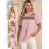 image:imageDokotoo Summer Tops for Women Casual Crewneck Puff Short Sleeve Boho Pleated Shirts Embroidered Blouses TunicPink