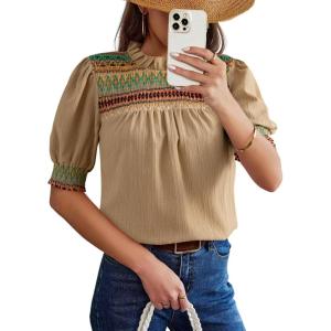 image:imageDokotoo Summer Tops for Women Casual Crewneck Puff Short Sleeve Boho Pleated Shirts Embroidered Blouses TunicApricot
