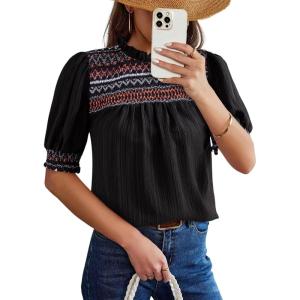 image:imageDokotoo Summer Tops for Women Casual Crewneck Puff Short Sleeve Boho Pleated Shirts Embroidered Blouses TunicBlack