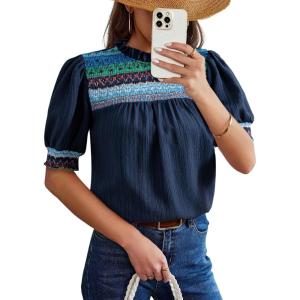 image:imageDokotoo Summer Tops for Women Casual Crewneck Puff Short Sleeve Boho Pleated Shirts Embroidered Blouses TunicBlue