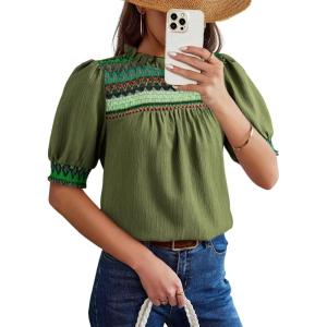 image:imageDokotoo Summer Tops for Women Casual Crewneck Puff Short Sleeve Boho Pleated Shirts Embroidered Blouses TunicGreen