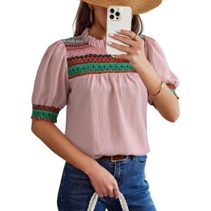 image:imageDokotoo Summer Tops for Women Casual Crewneck Puff Short Sleeve Boho Pleated Shirts Embroidered Blouses TunicPink
