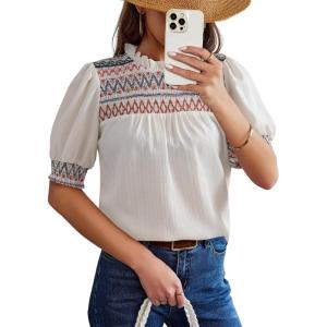 image:imageDokotoo Summer Tops for Women Casual Crewneck Puff Short Sleeve Boho Pleated Shirts Embroidered Blouses TunicWhite