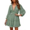 image:imageDokotoo Womens 2025 Spring Summer Deep V Neck Long Sleeve Backless Ruffle Floral Flowy Mini DressSolid2 Green