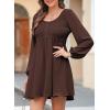 image:imageDokotoo Womens 2026 Casual Dresses Smocked Crewneck Button Up Long Sleeve Empire Waist ALine Mini DressBrown