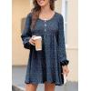 image:imageDokotoo Womens 2026 Casual Dresses Smocked Crewneck Button Up Long Sleeve Empire Waist ALine Mini DressFloral Blue