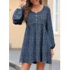 image:imageDokotoo Womens 2026 Casual Dresses Smocked Crewneck Button Up Long Sleeve Empire Waist ALine Mini DressFloral Blue