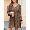 image:imageDokotoo Womens 2026 Casual Dresses Smocked Crewneck Button Up Long Sleeve Empire Waist ALine Mini DressLeopard Brown