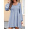 image:imageDokotoo Womens 2026 Casual Dresses Smocked Crewneck Button Up Long Sleeve Empire Waist ALine Mini DressSky Blue