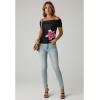 image:imageDokotoo Womens Off Shoulder Printed Mesh Top Ruched Slim Fit BlouseBlack Big Floral