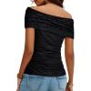 image:imageDokotoo Womens Off Shoulder Printed Mesh Top Ruched Slim Fit BlouseBlack Big Floral