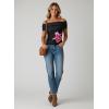 image:imageDokotoo Womens Off Shoulder Printed Mesh Top Ruched Slim Fit BlouseBlack Big Floral