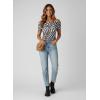 image:imageDokotoo Womens Off Shoulder Printed Mesh Top Ruched Slim Fit BlouseBlack and White Plaid