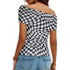 image:imageDokotoo Womens Off Shoulder Printed Mesh Top Ruched Slim Fit BlouseBlack and White Plaid