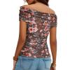 image:imageDokotoo Womens Off Shoulder Printed Mesh Top Ruched Slim Fit BlouseBrown Floral