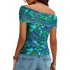 image:imageDokotoo Womens Off Shoulder Printed Mesh Top Ruched Slim Fit BlouseLake Blue Floral