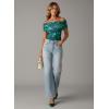 image:imageDokotoo Womens Off Shoulder Printed Mesh Top Ruched Slim Fit BlouseLake Blue Floral
