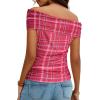 image:imageDokotoo Womens Off Shoulder Printed Mesh Top Ruched Slim Fit BlouseRed Plaid