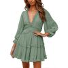 image:imageDokotoo Womens 2025 Spring Summer Deep V Neck Long Sleeve Backless Ruffle Floral Flowy Mini DressSolid2 Green