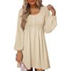 image:imageDokotoo Womens 2026 Casual Dresses Smocked Crewneck Button Up Long Sleeve Empire Waist ALine Mini DressApricot