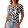 image:imageDokotoo Womens Off Shoulder Printed Mesh Top Ruched Slim Fit BlouseBlack and White Plaid