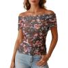 image:imageDokotoo Womens Off Shoulder Printed Mesh Top Ruched Slim Fit BlouseBrown Floral