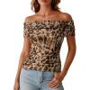 image:imageDokotoo Womens Off Shoulder Printed Mesh Top Ruched Slim Fit BlouseKhaki Leopard