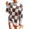 image:imageDokotoo Womens Sweater Dress Crewneck Casual Checkered Long Sleeve Cable Knit Pullover SweatersBrown